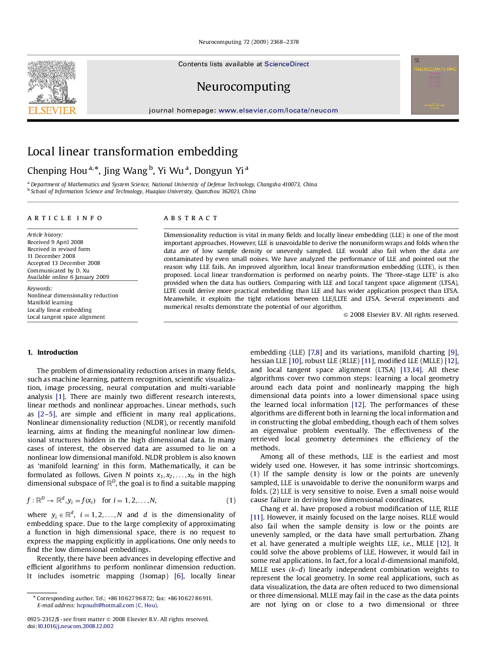 Local linear transformation embedding