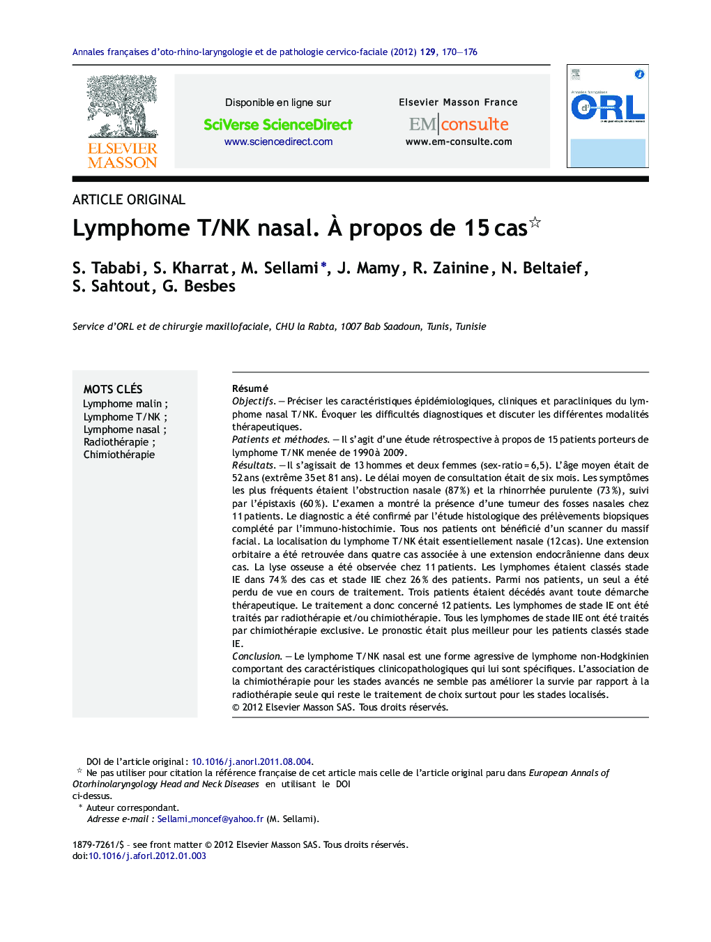 Lymphome T/NK nasal. À propos de 15 cas 