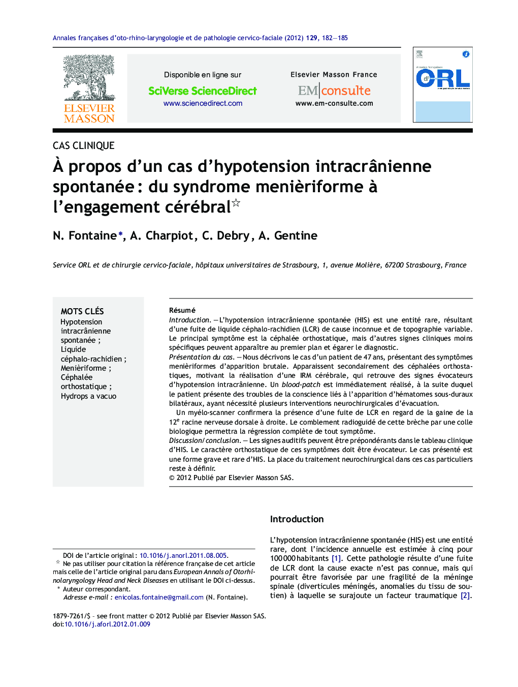 À propos d’un cas d’hypotension intracrânienne spontanée : du syndrome menièriforme à l’engagement cérébral 