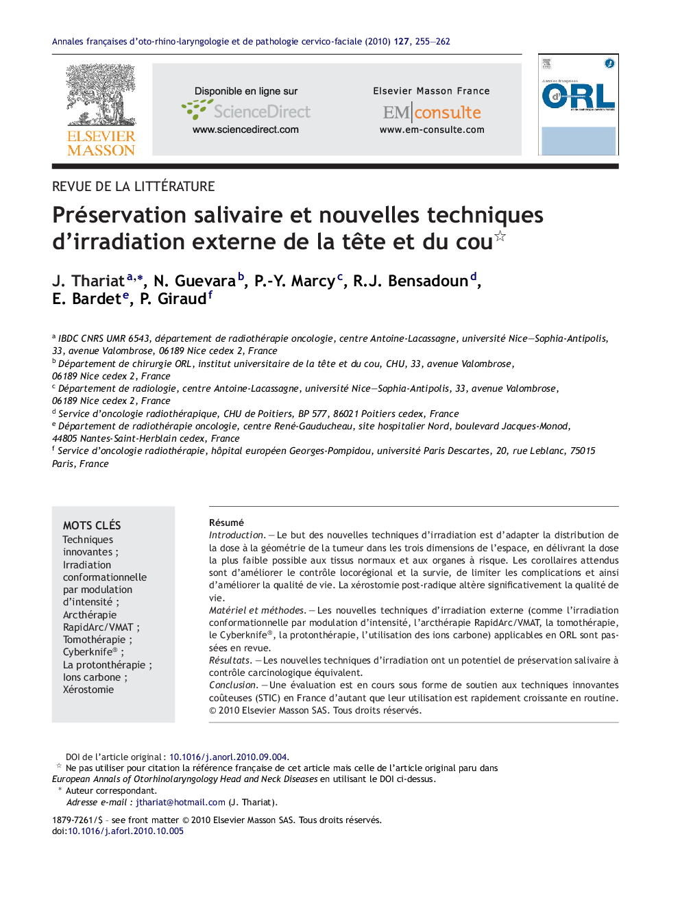 Préservation salivaire et nouvelles techniques d’irradiation externe de la tête et du cou 