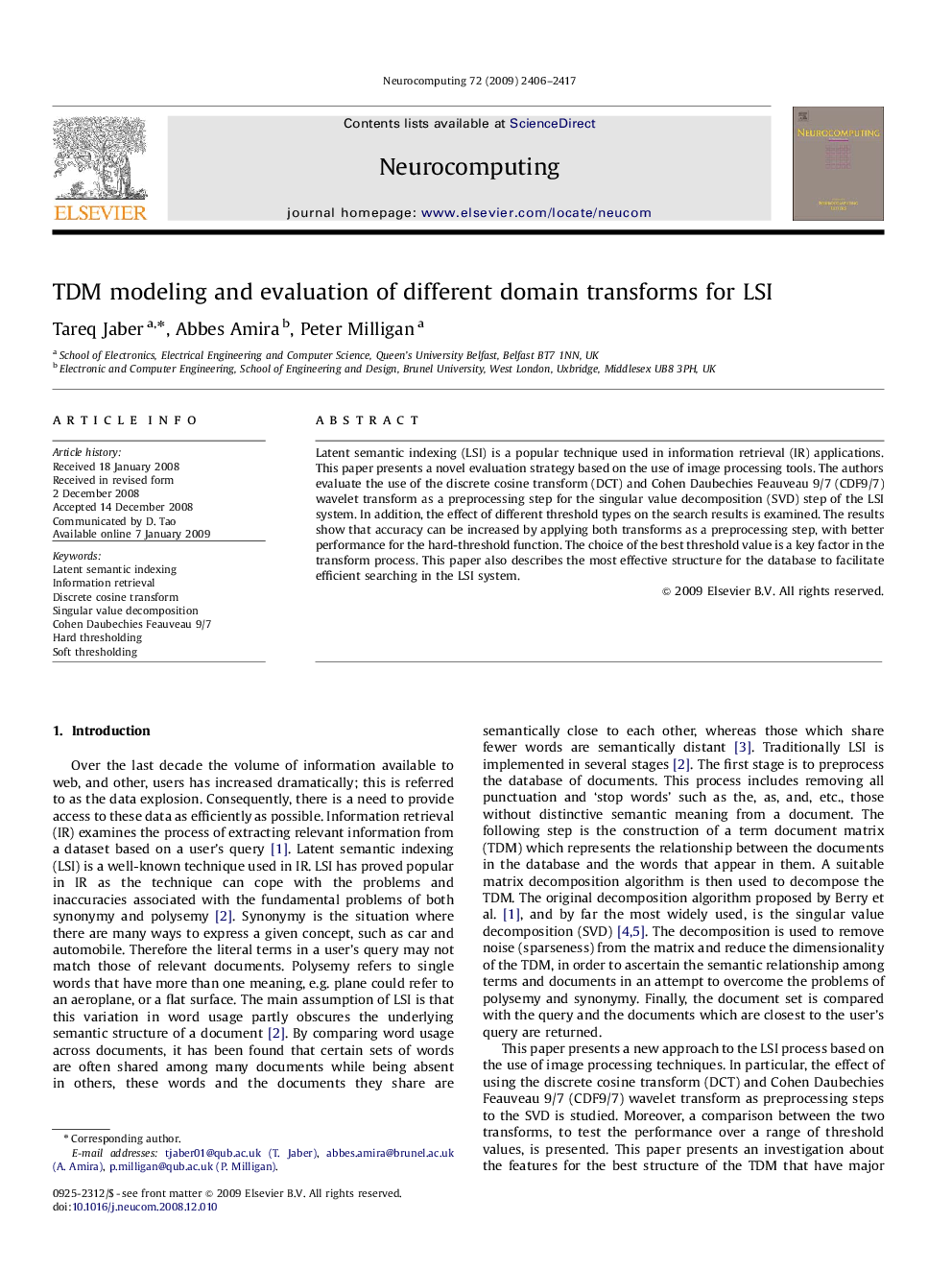 TDM modeling and evaluation of different domain transforms for LSI