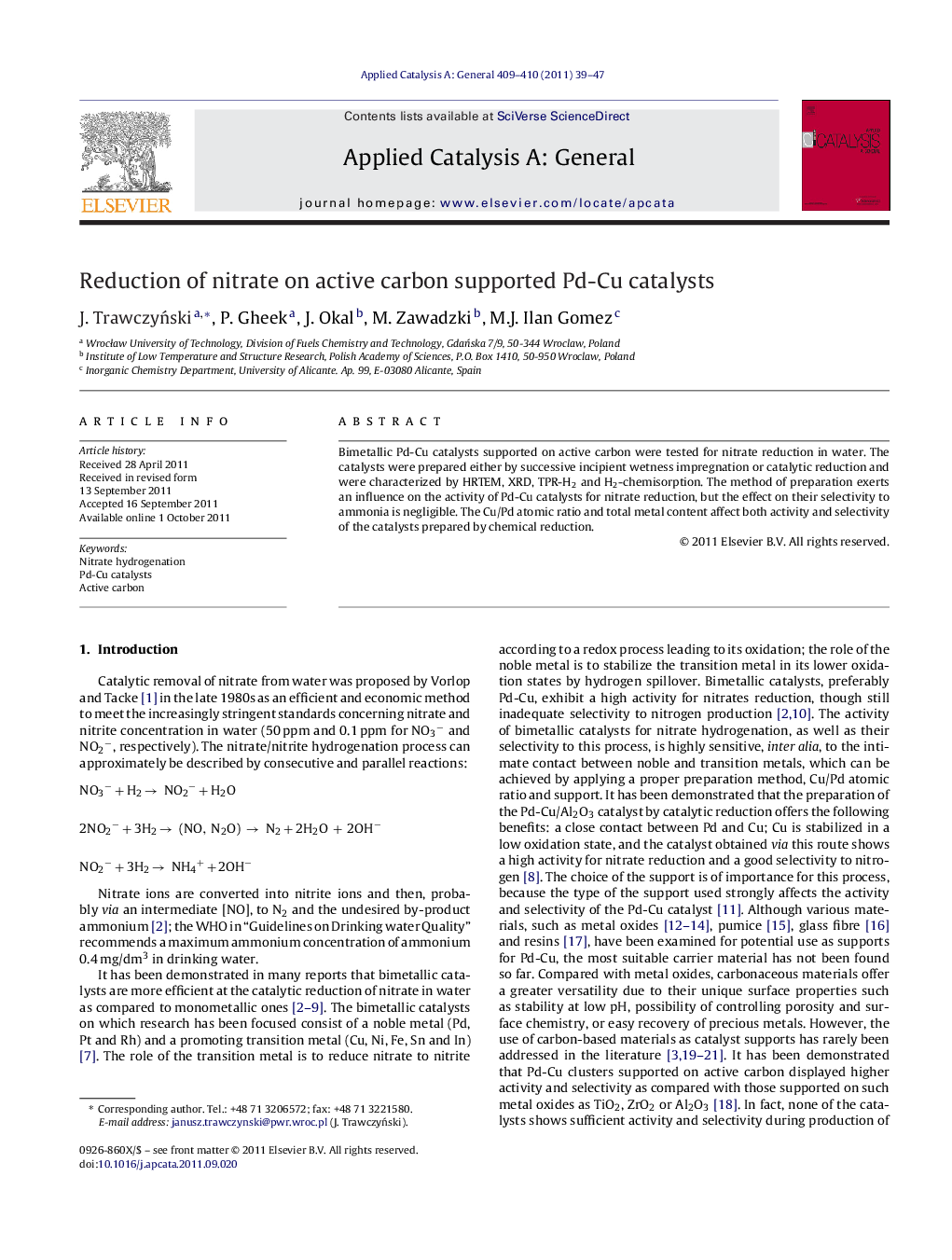 Reduction of nitrate on active carbon supported Pd-Cu catalysts