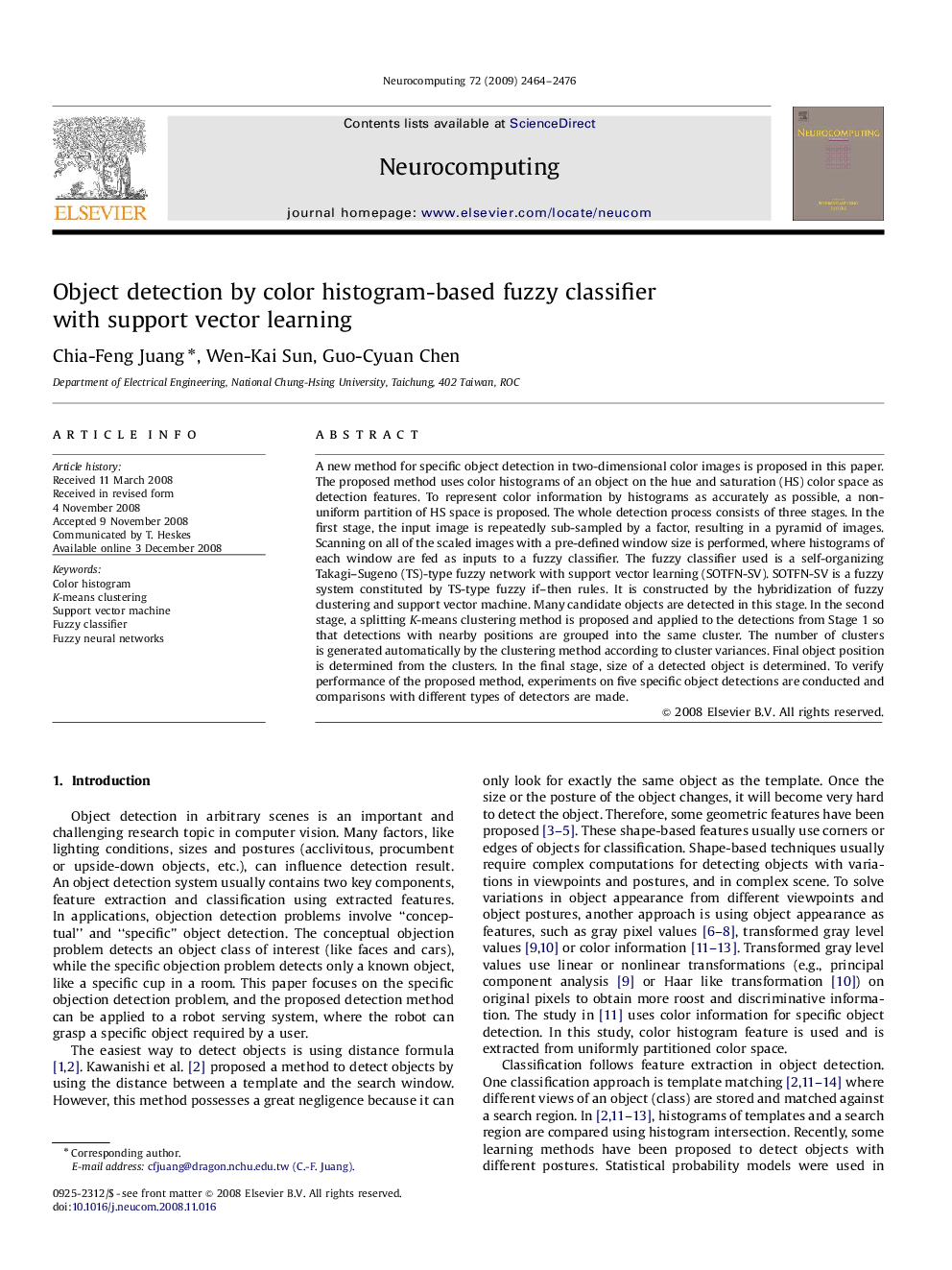 Object detection by color histogram-based fuzzy classifier with support vector learning