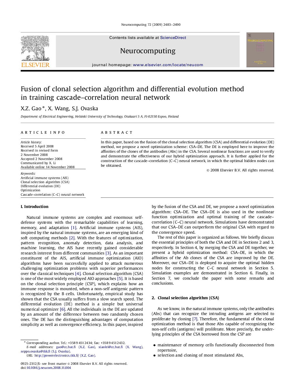 Fusion of clonal selection algorithm and differential evolution method in training cascade–correlation neural network