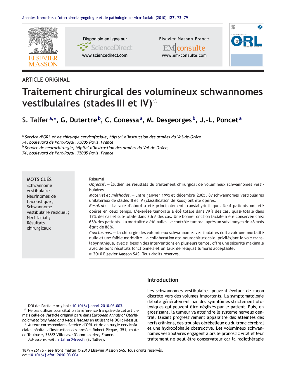 Traitement chirurgical des volumineux schwannomes vestibulaires (stadesÂ III et IV)