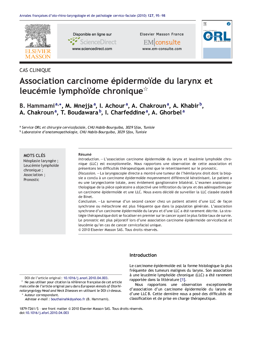 Association carcinome épidermoïde du larynx et leucémie lymphoïde chronique