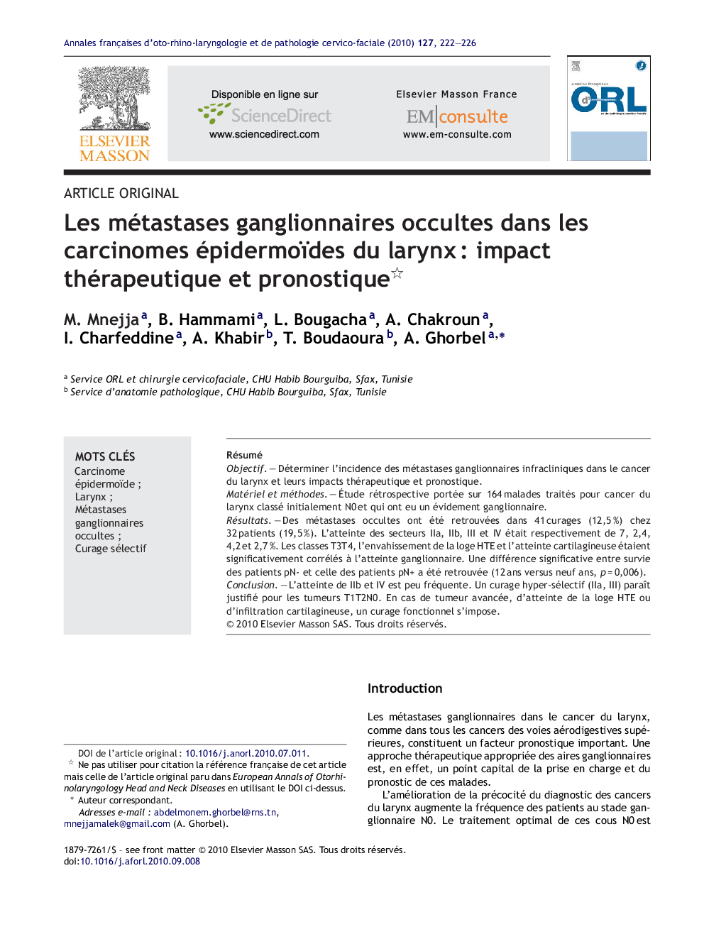 Les métastases ganglionnaires occultes dans les carcinomes épidermoïdes du larynxÂ : impact thérapeutique et pronostique