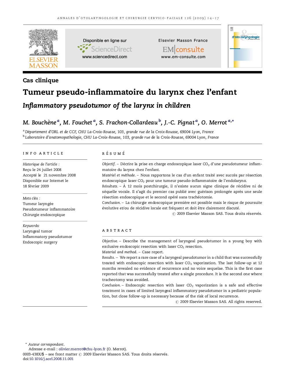 Tumeur pseudo-inflammatoire du larynx chez l’enfant