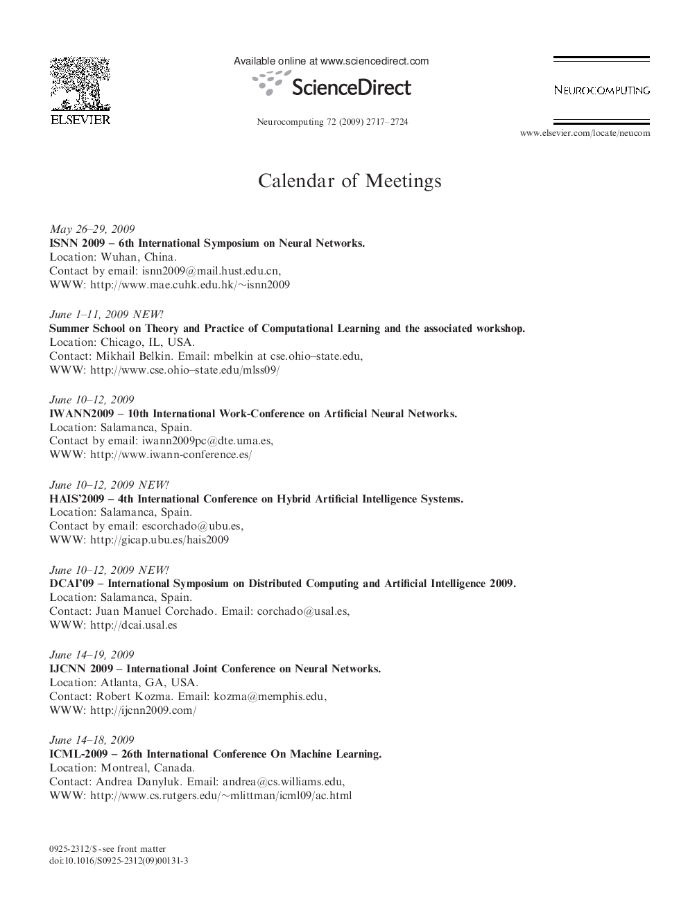 Calendar of Meetings