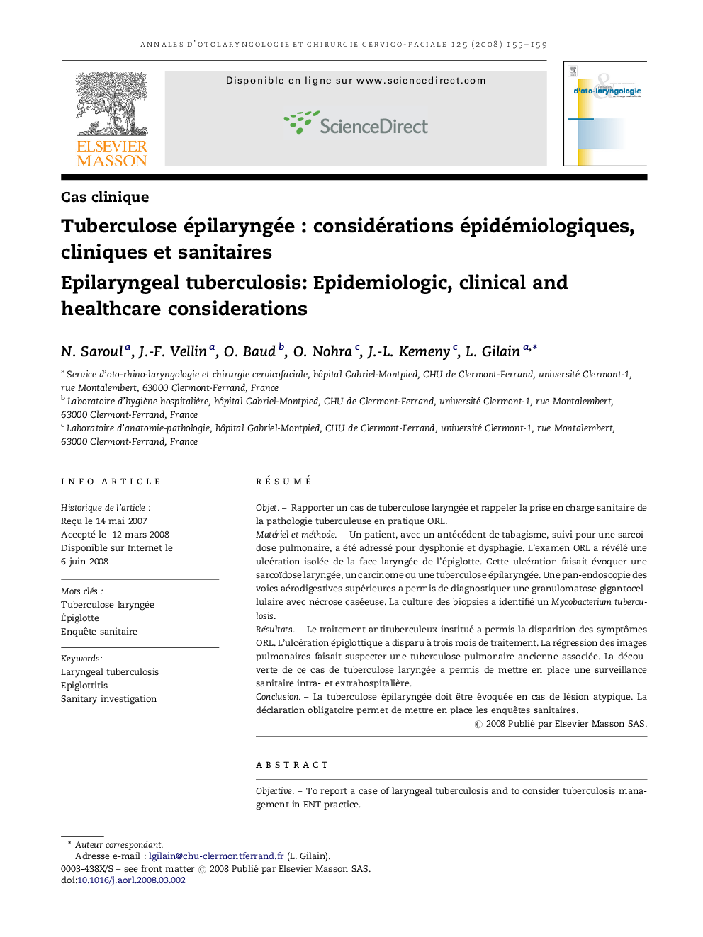 Tuberculose épilaryngéeÂ : considérations épidémiologiques, cliniques et sanitaires