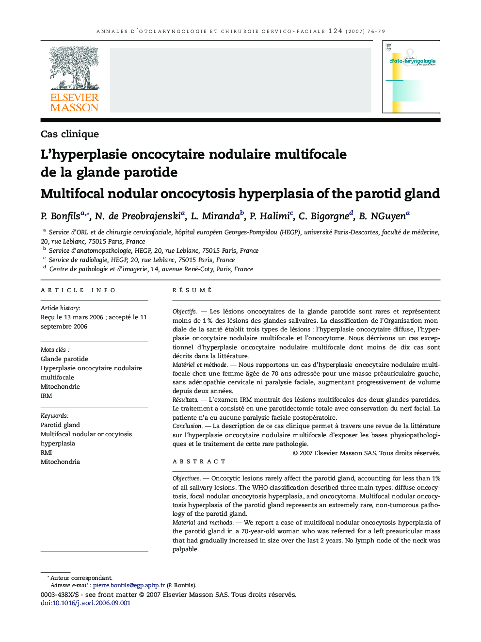 L'hyperplasie oncocytaire nodulaire multifocale deÂ laÂ glande parotide