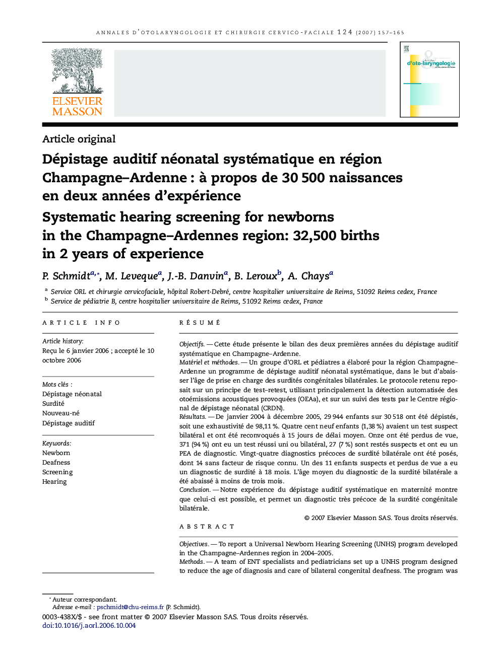 Dépistage auditif néonatal systématique en région Champagne–Ardenne : à propos de 30 500 naissances en deux années d'expérience