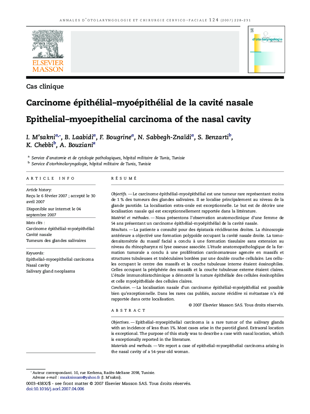 Carcinome épithélial-myoépithélial deÂ laÂ cavité nasale