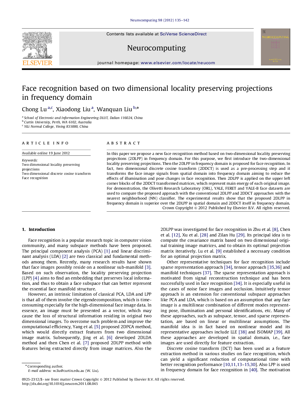 Face recognition based on two dimensional locality preserving projections in frequency domain
