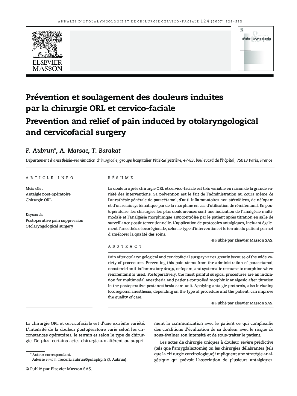 Prévention et soulagement des douleurs induites par la chirurgie ORL et cervico-faciale