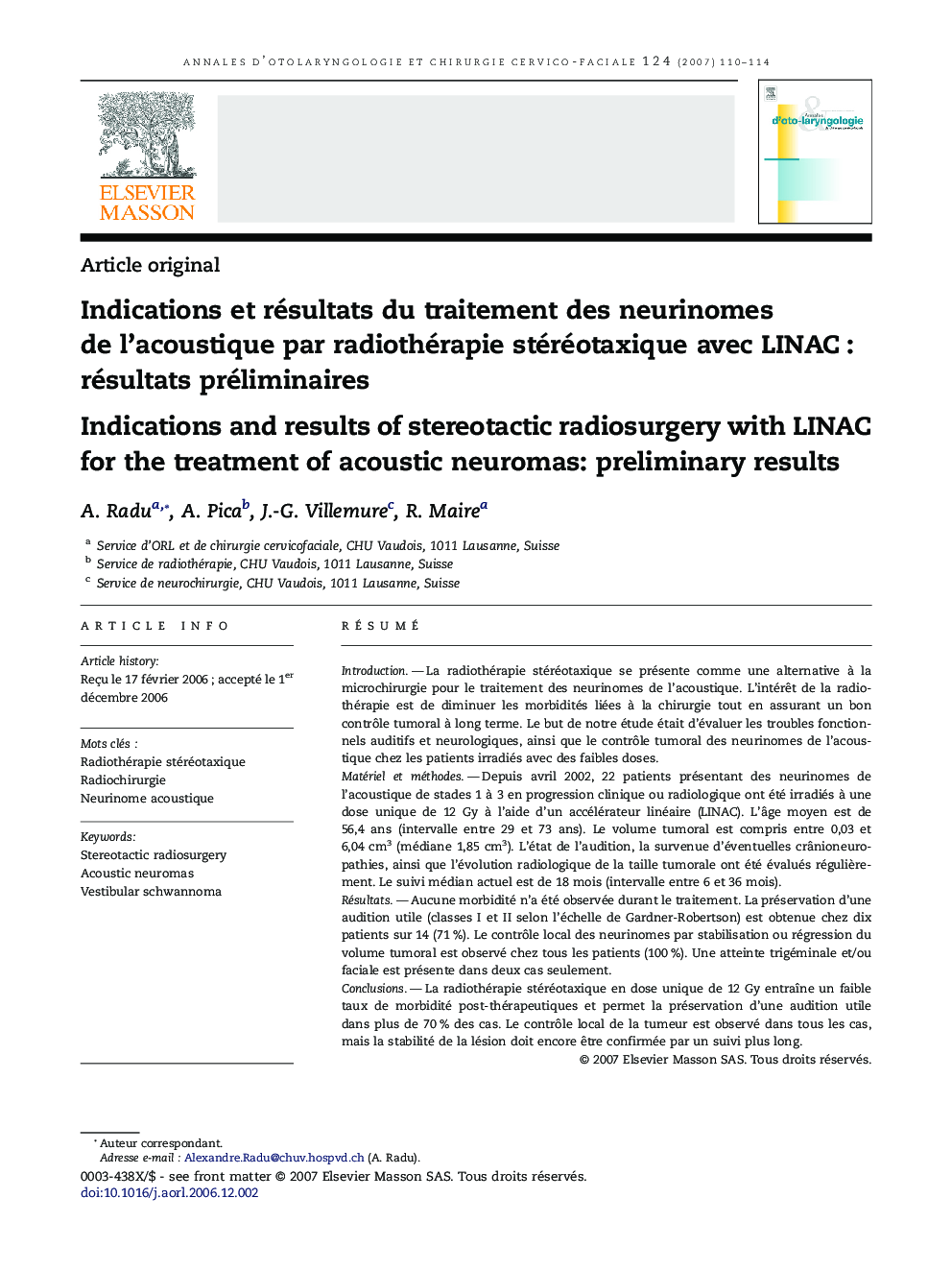 Indications et résultats du traitement des neurinomes de l'acoustique par radiothérapie stéréotaxique avec LINAC : résultats préliminaires