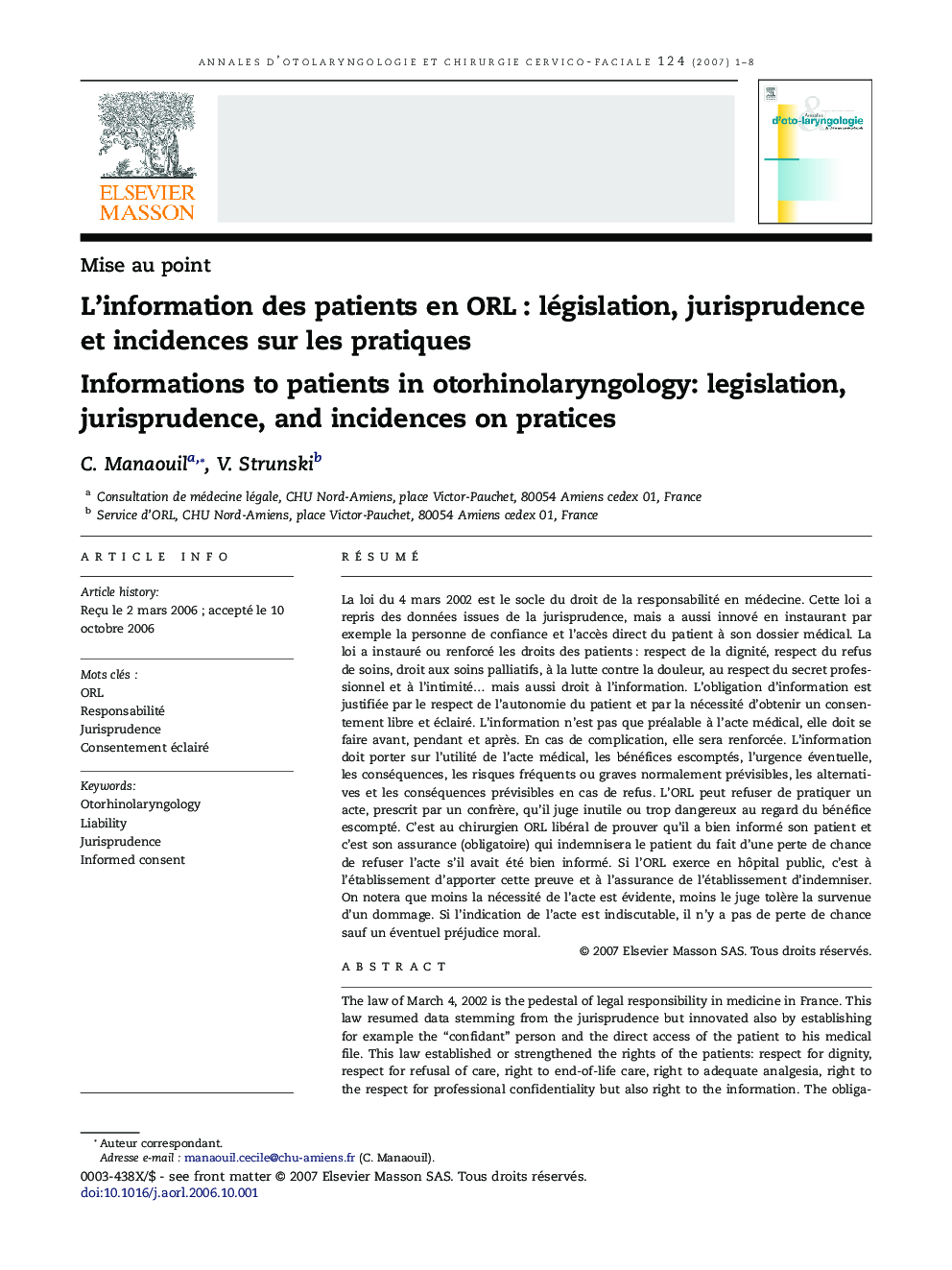 عکس صفحه اول مقاله: L'information des patients en ORL : législation, jurisprudence et incidences sur les pratiques L'information des patients en ORL : législation, jurisprudence et incidences sur les pratiques
