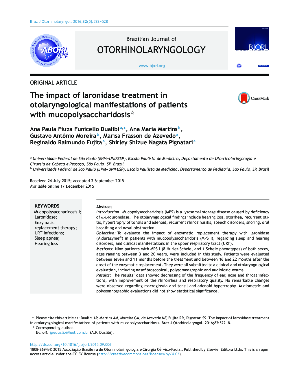 The impact of laronidase treatment in otolaryngological manifestations of patients with mucopolysaccharidosis 