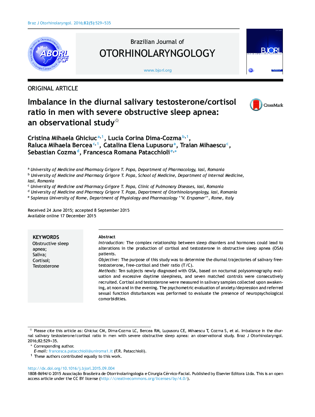 Imbalance in the diurnal salivary testosterone/cortisol ratio in men with severe obstructive sleep apnea: an observational study 