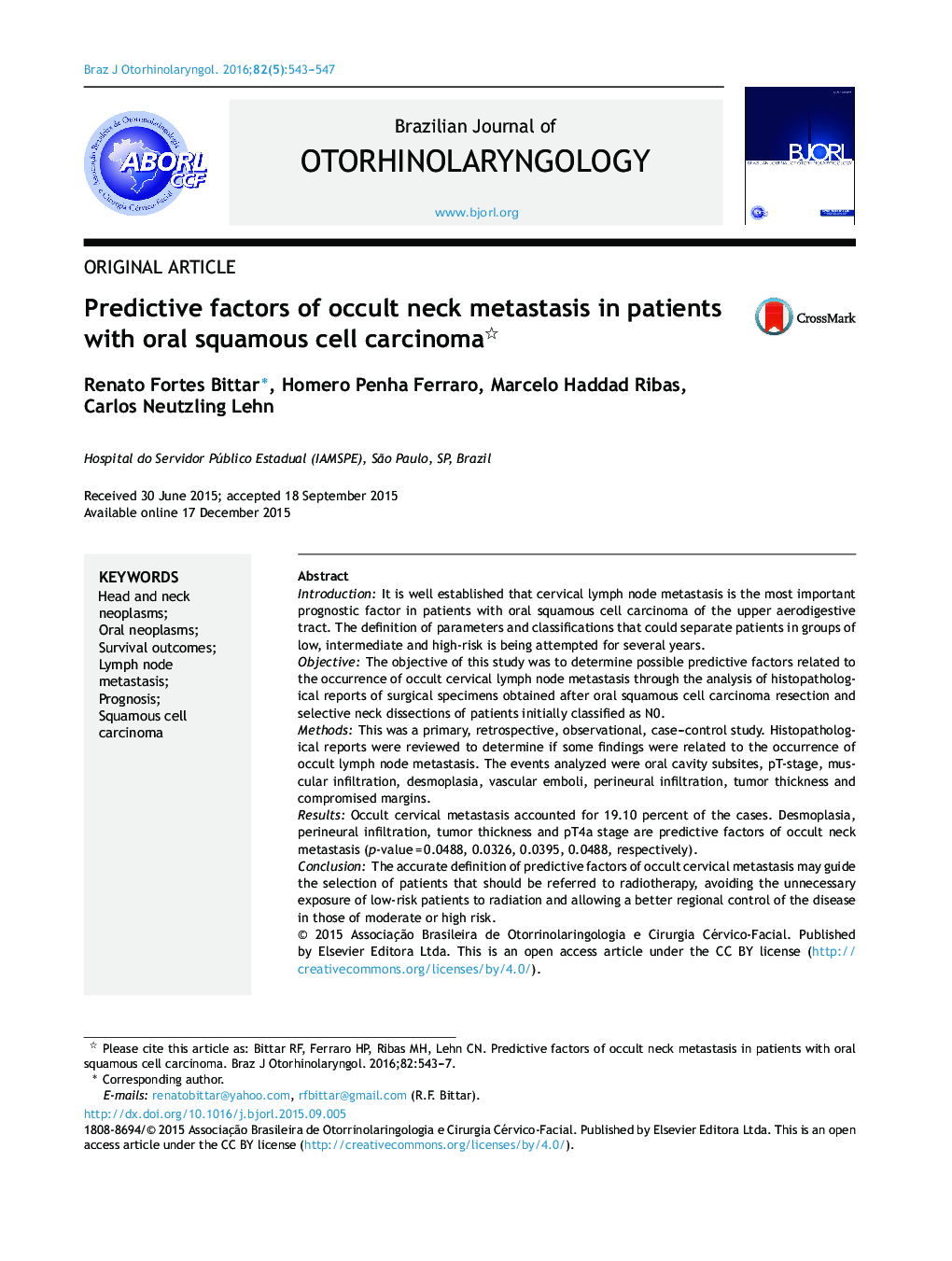 Predictive factors of occult neck metastasis in patients with oral squamous cell carcinoma 