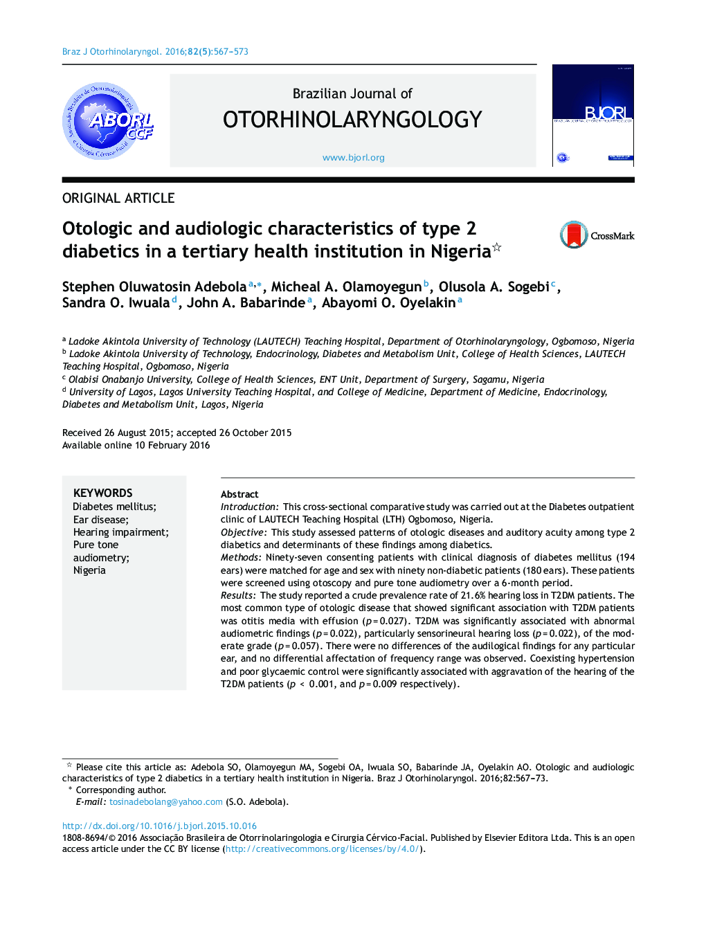 ویژگی های اتولوژیک و شنوایی دیابت نوع 2 در یک موسسه بهداشتی عالی در نیجریه 