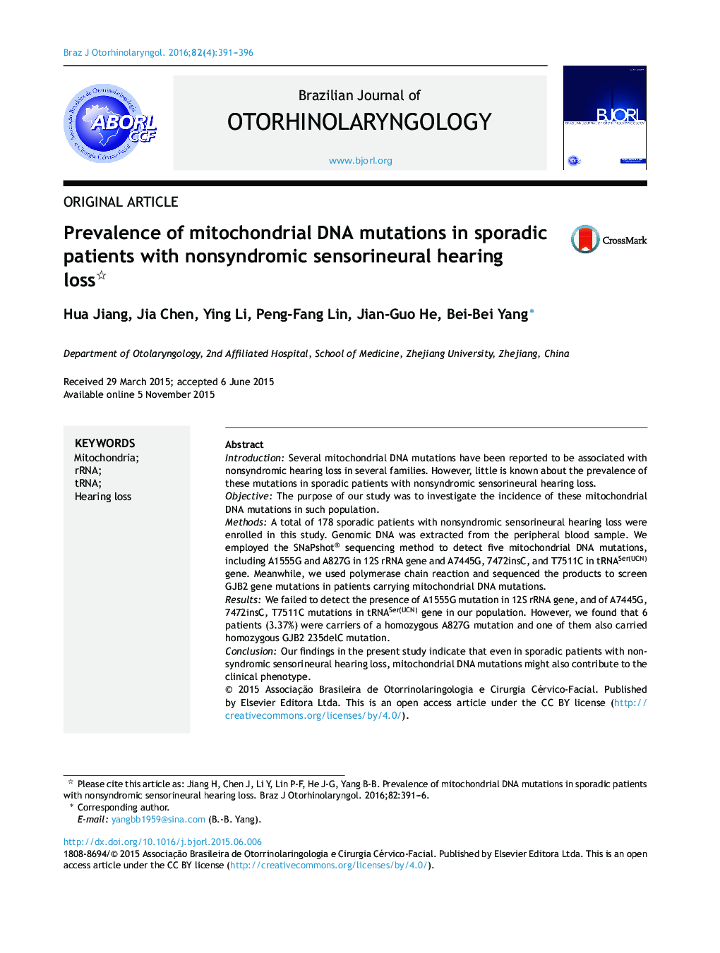 Prevalence of mitochondrial DNA mutations in sporadic patients with nonsyndromic sensorineural hearing loss 