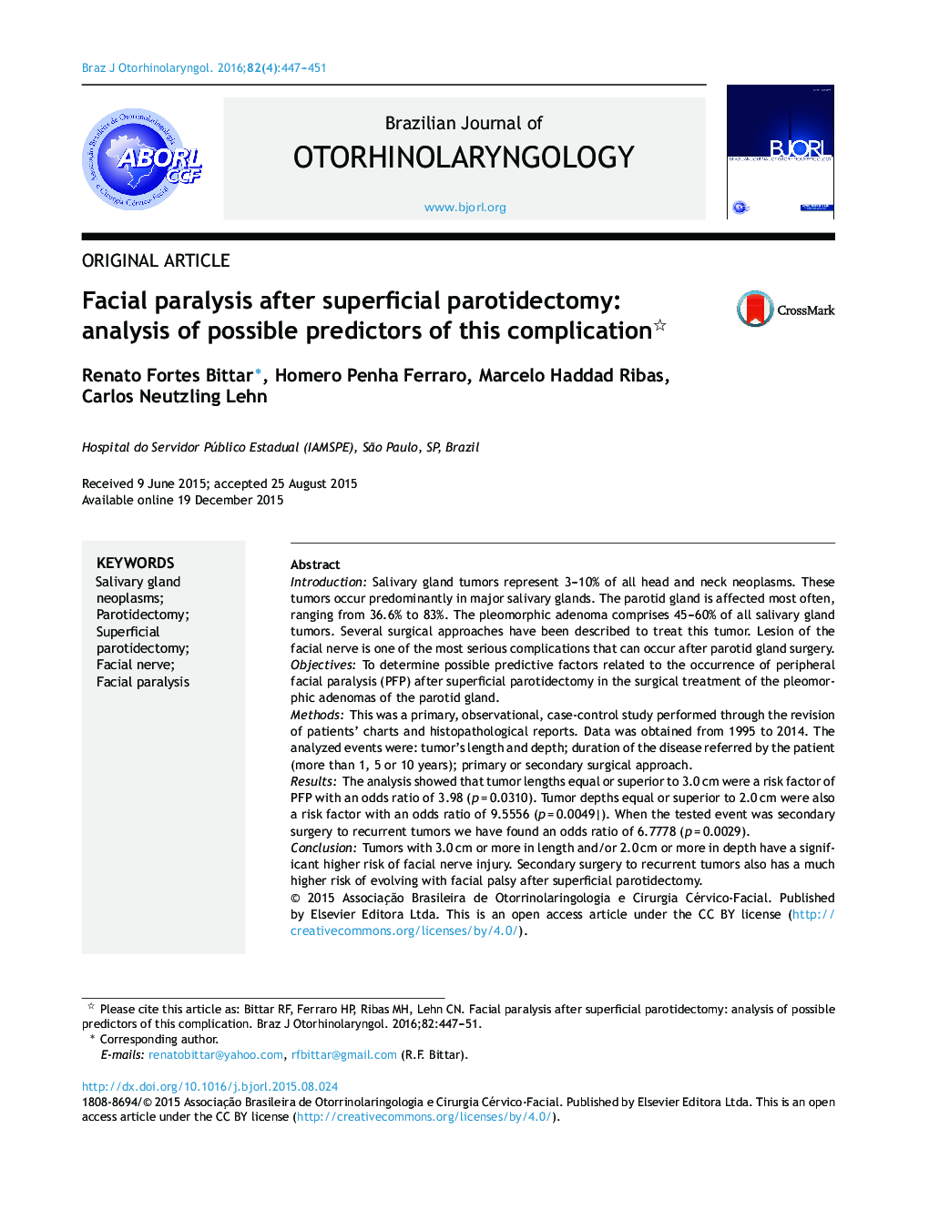 Facial paralysis after superficial parotidectomy: analysis of possible predictors of this complication 