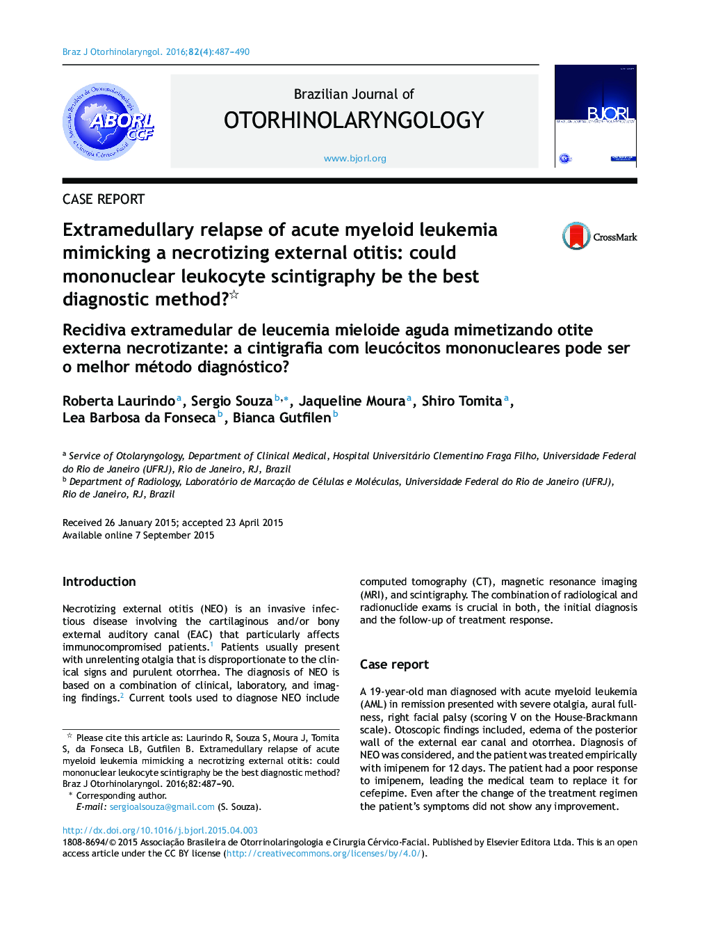 Extramedullary relapse of acute myeloid leukemia mimicking a necrotizing external otitis: could mononuclear leukocyte scintigraphy be the best diagnostic method?