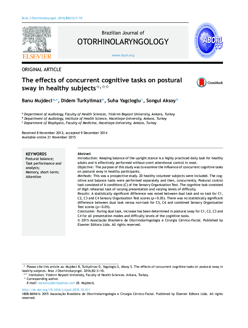 The effects of concurrent cognitive tasks on postural sway in healthy subjects 