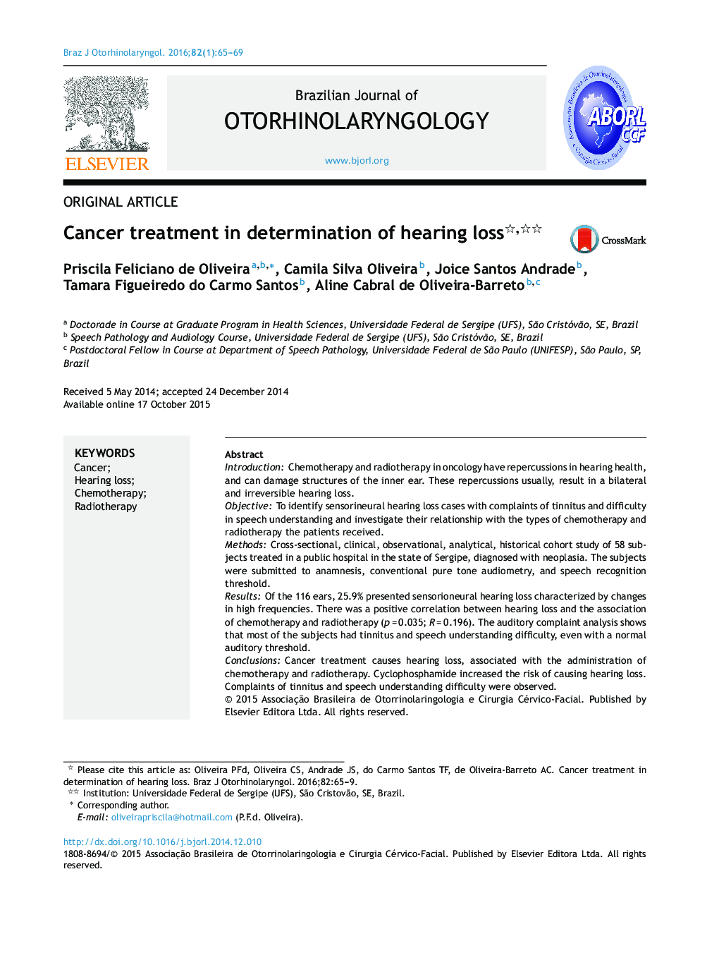 Cancer treatment in determination of hearing loss 