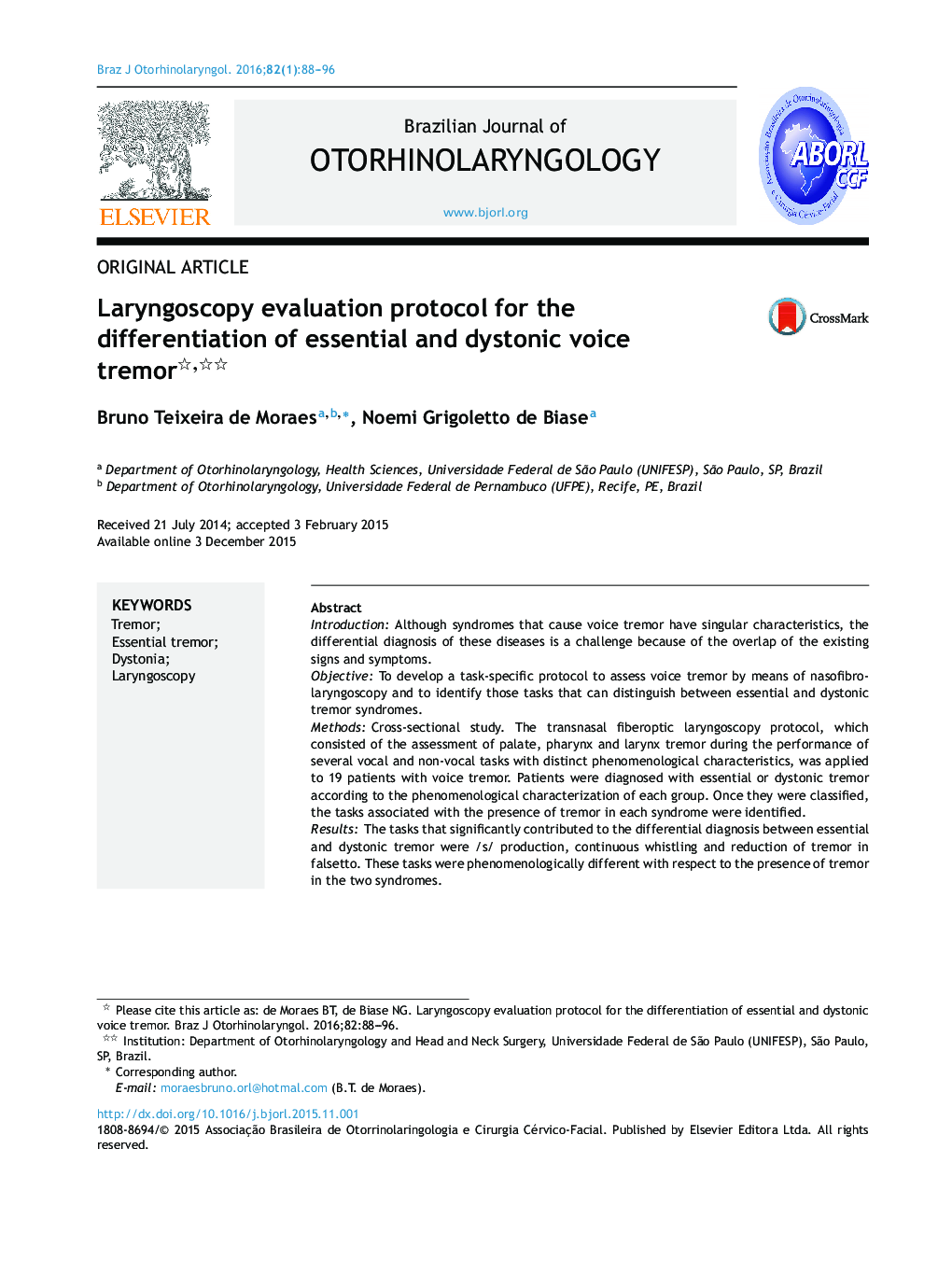 Laryngoscopy evaluation protocol for the differentiation of essential and dystonic voice tremor 