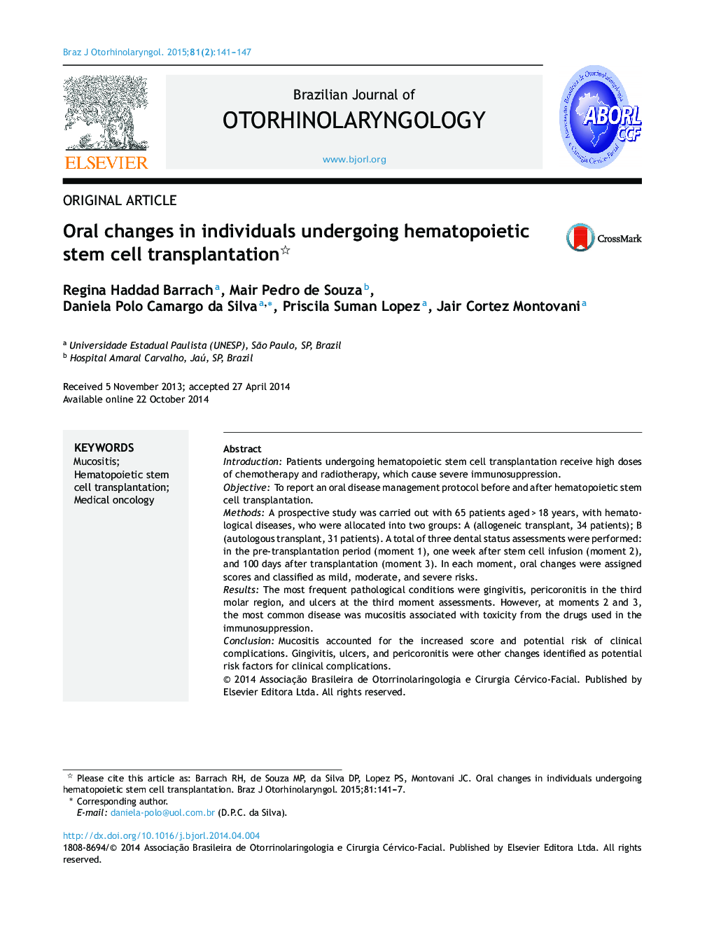 Oral changes in individuals undergoing hematopoietic stem cell transplantation 