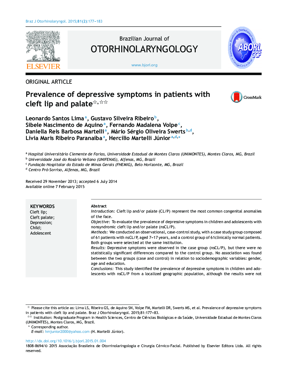 Prevalence of depressive symptoms in patients with cleft lip and palate 