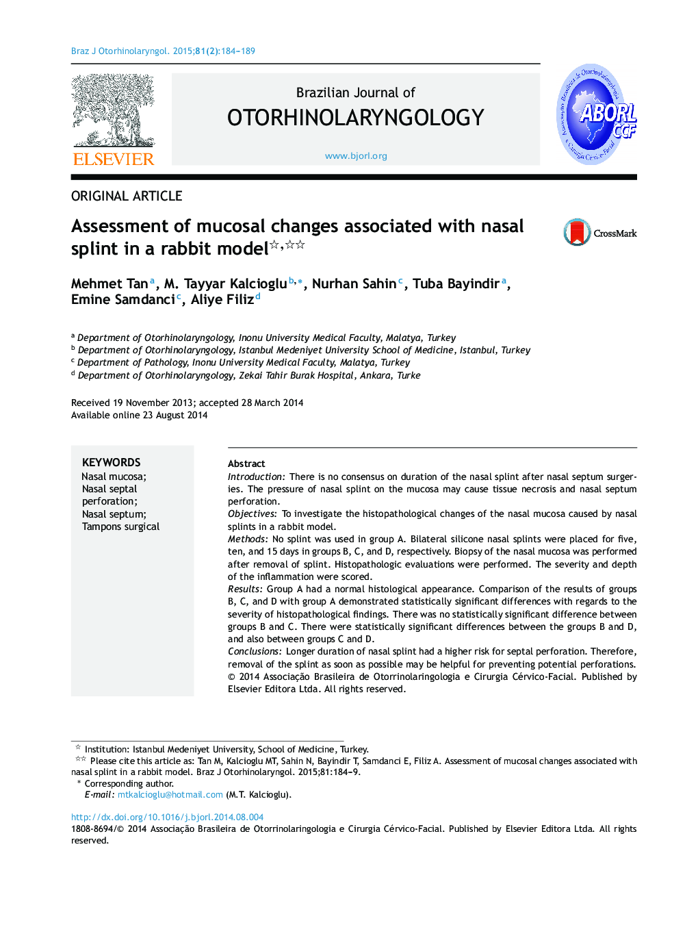 Assessment of mucosal changes associated with nasal splint in a rabbit model 