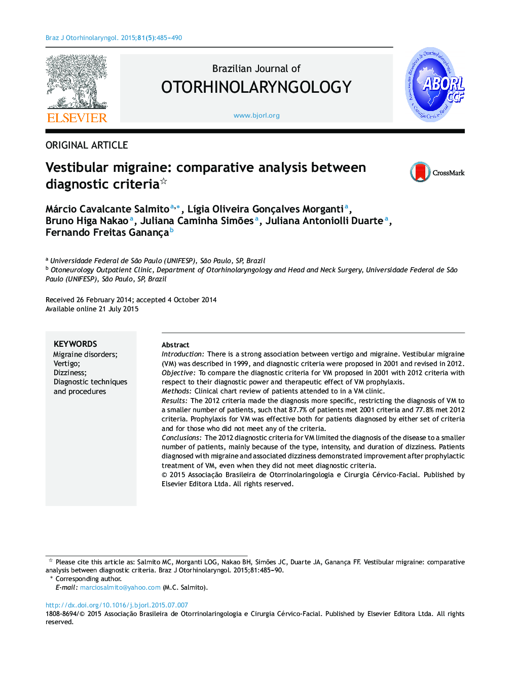 Vestibular migraine: comparative analysis between diagnostic criteria 
