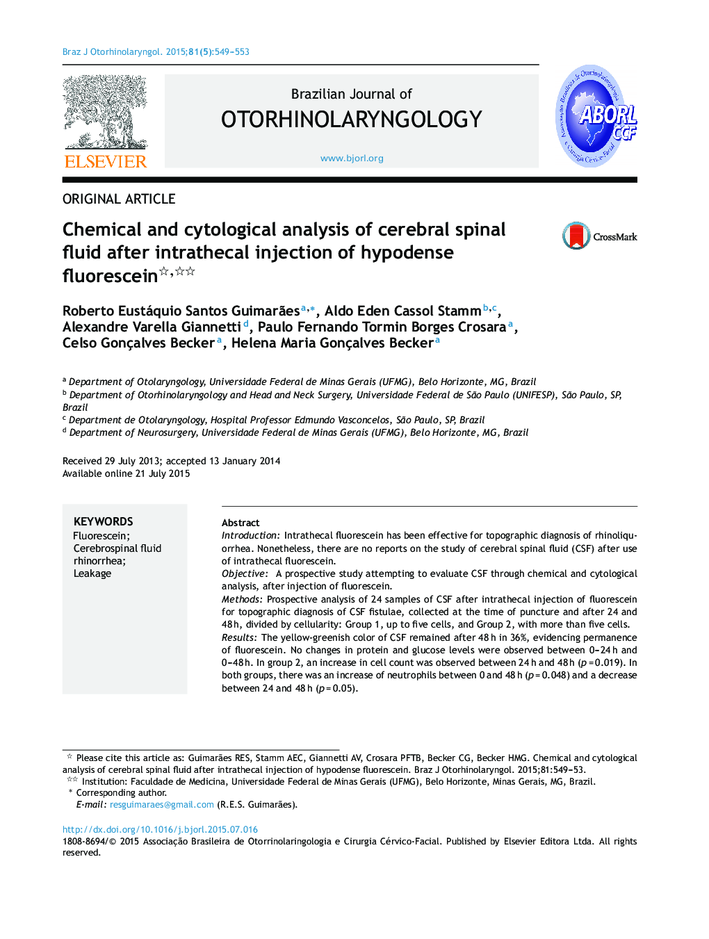 Chemical and cytological analysis of cerebral spinal fluid after intrathecal injection of hypodense fluorescein 