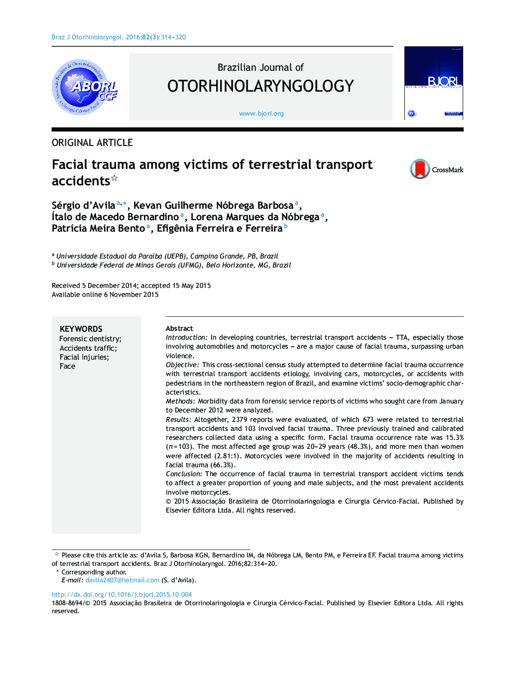 Facial trauma among victims of terrestrial transport accidents 