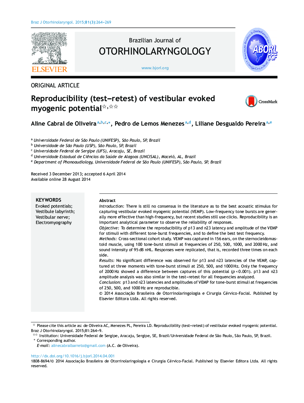 Reproducibility (test–retest) of vestibular evoked myogenic potential 