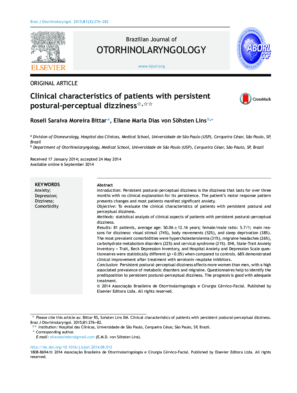 Clinical characteristics of patients with persistent postural-perceptual dizziness 