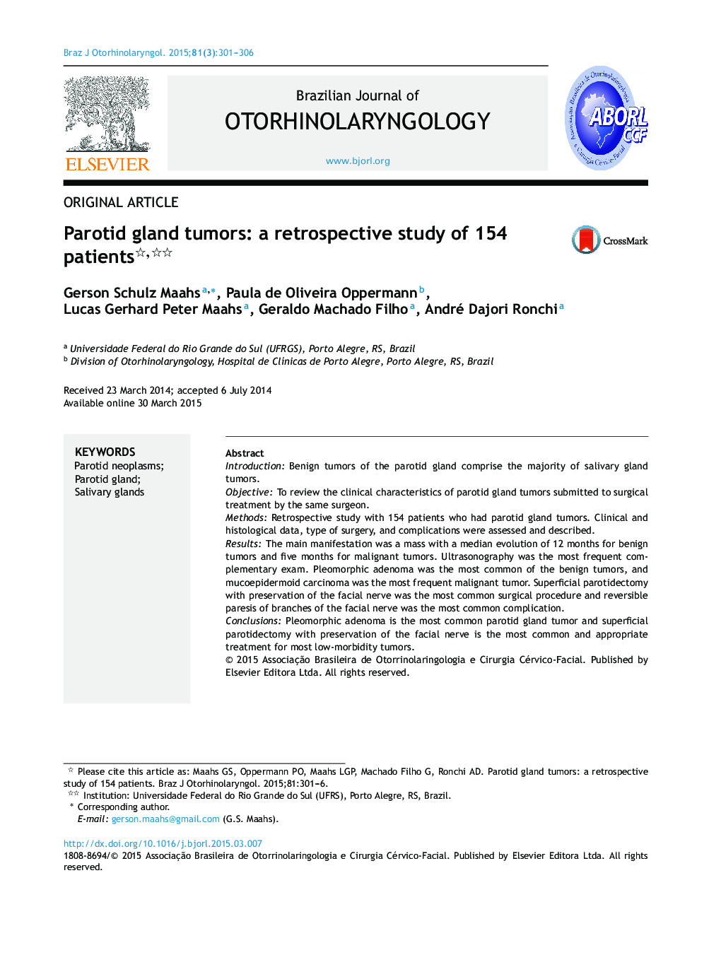 Parotid gland tumors: a retrospective study of 154 patients 