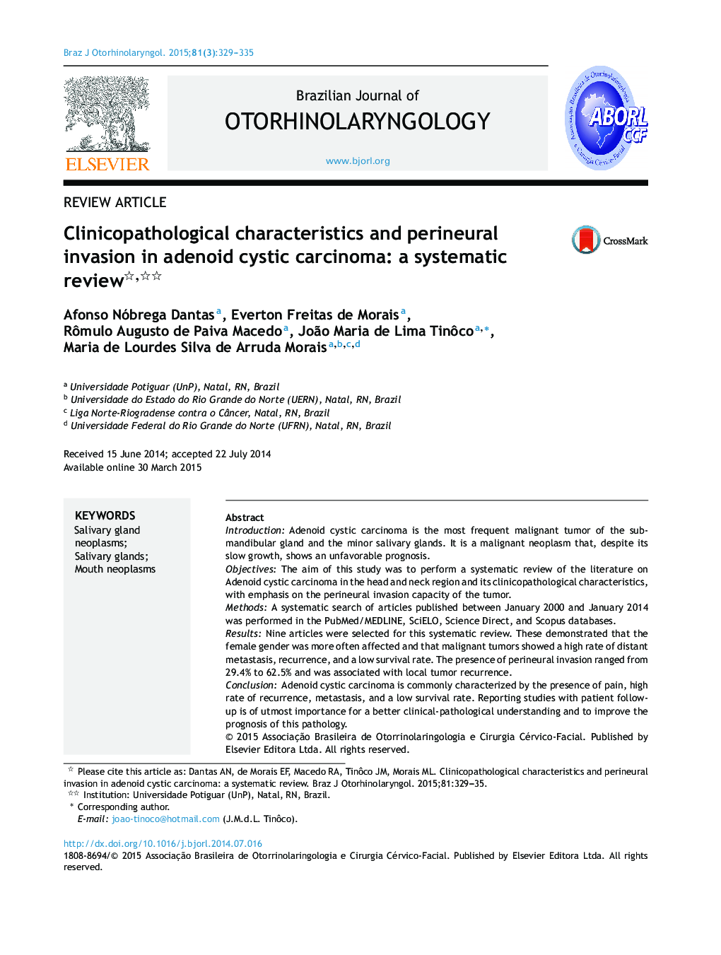 ویژگی های کلینیکوپاتولوژیک و ترویج پرینژال در کارسینوم آدنوئید کیستیک: یک بررسی سیستماتیک یک ؟؟ 