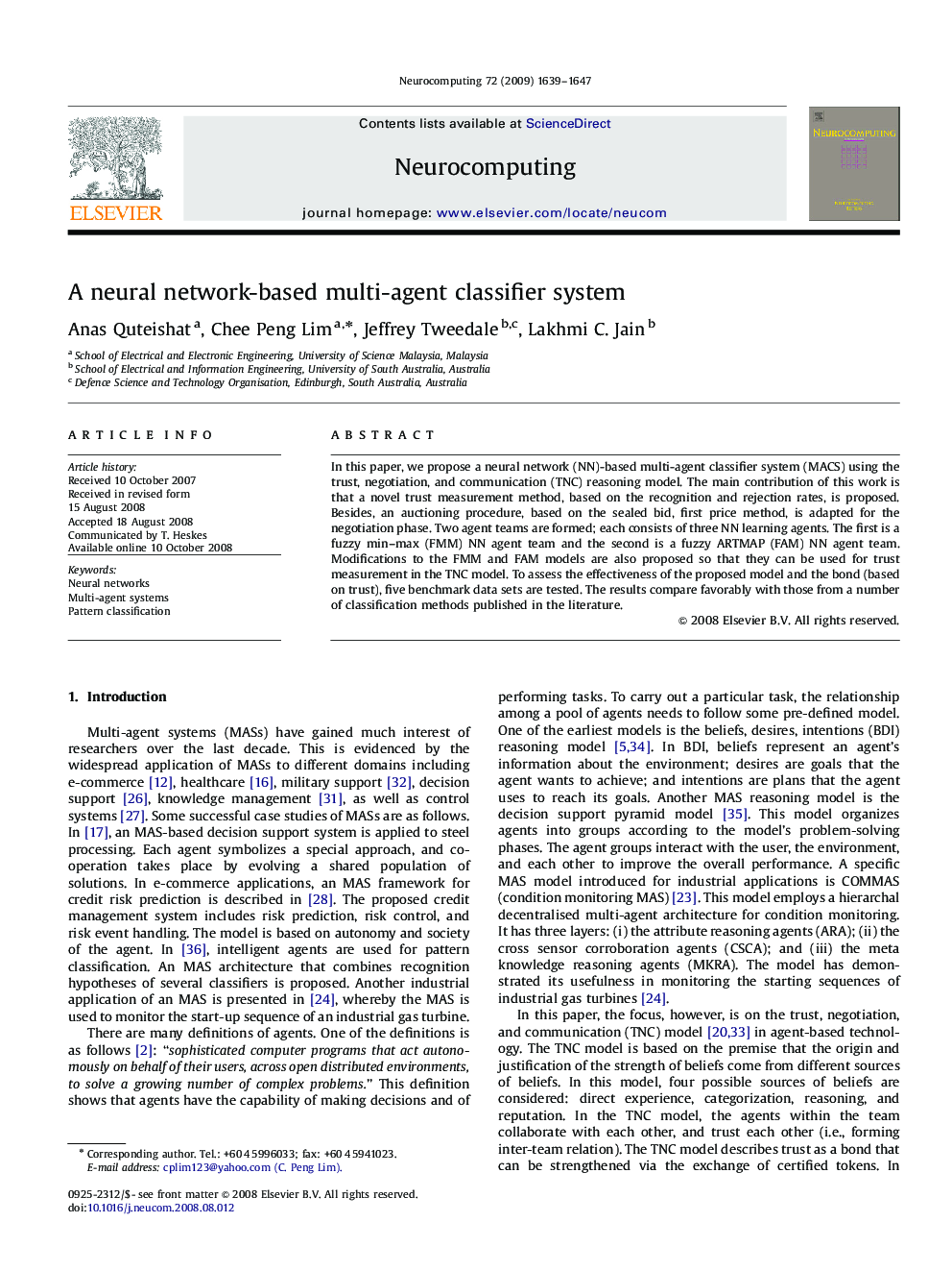 A neural network-based multi-agent classifier system