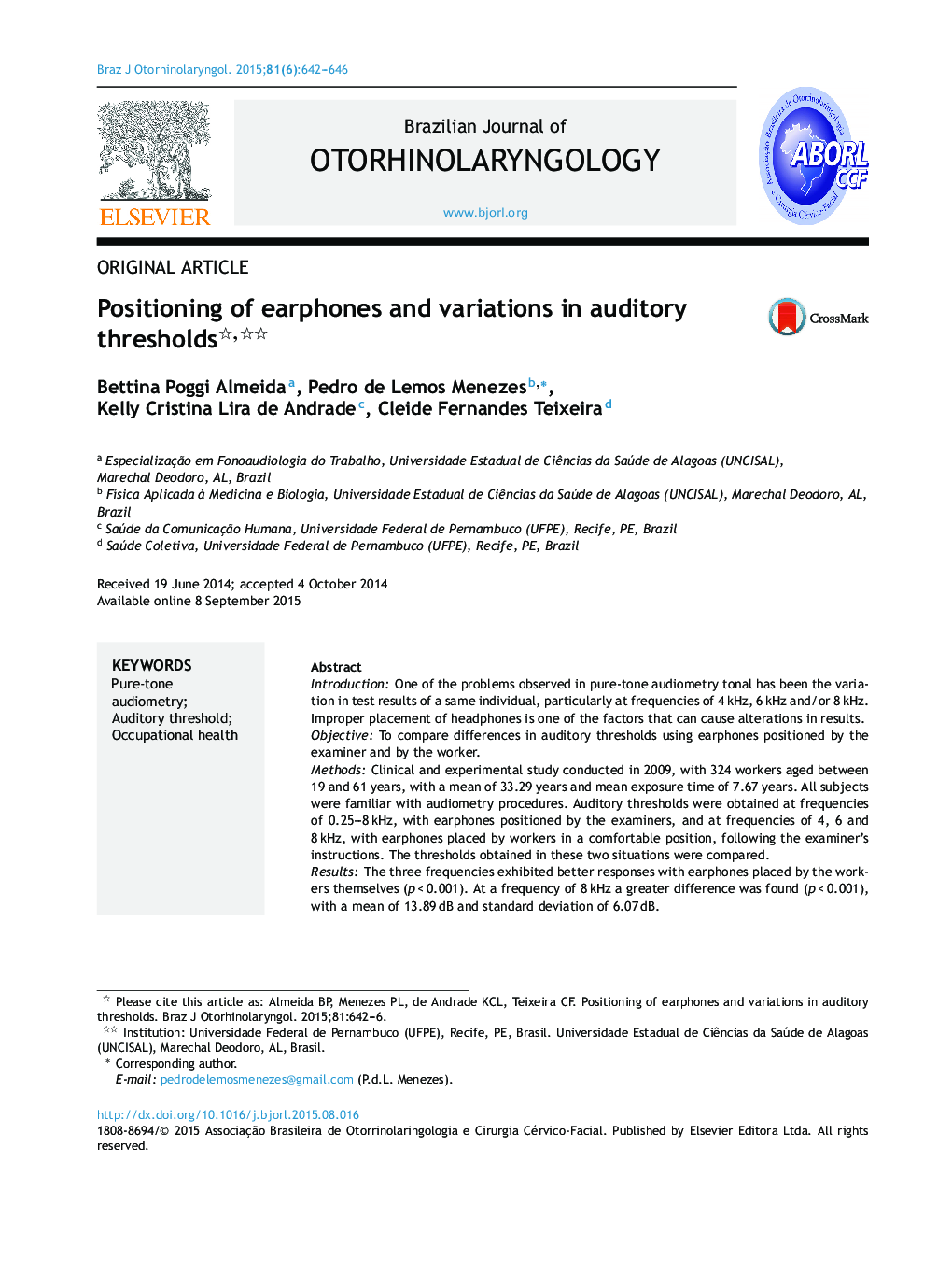 Positioning of earphones and variations in auditory thresholds 