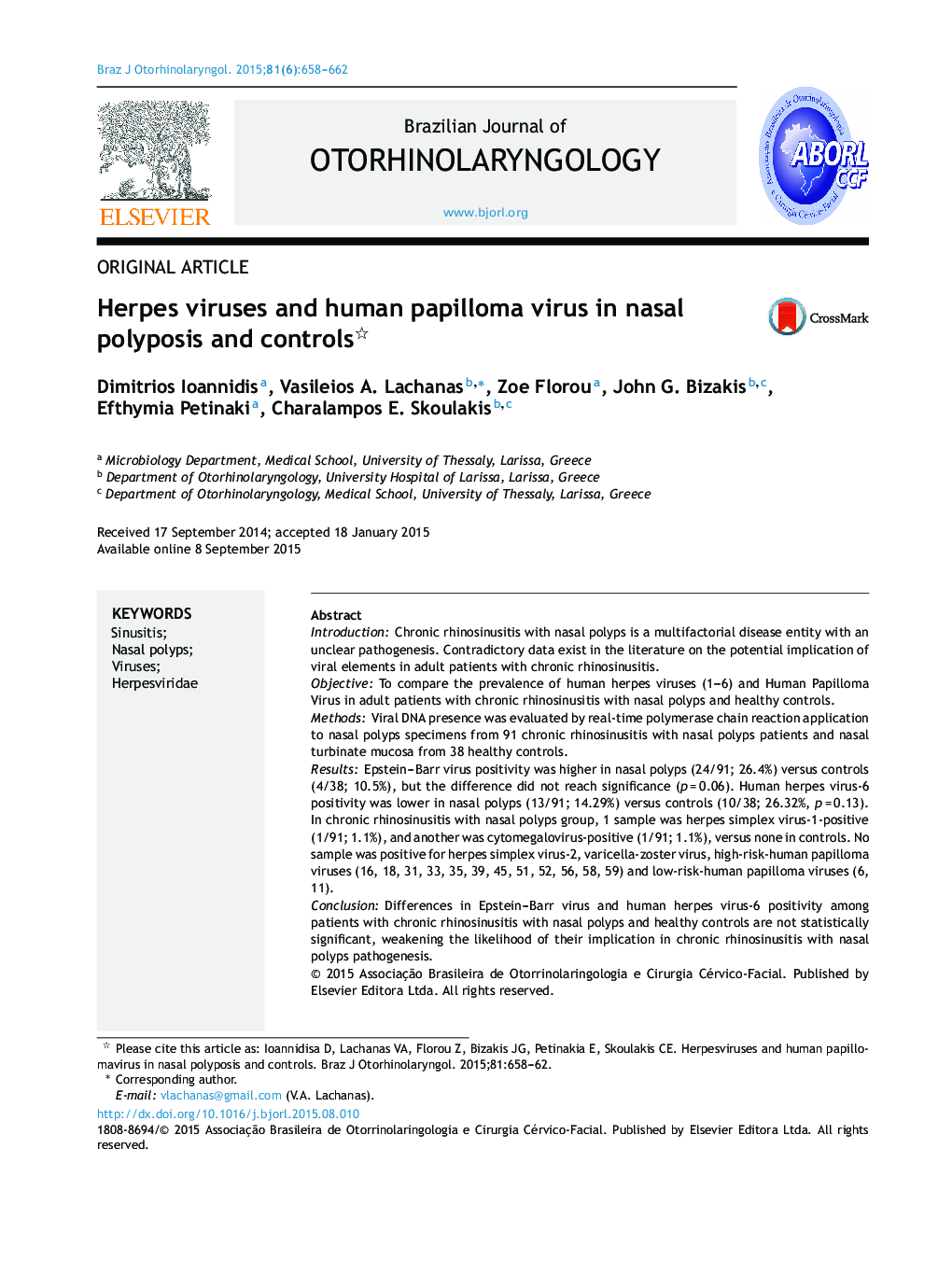 Herpes viruses and human papilloma virus in nasal polyposis and controls 