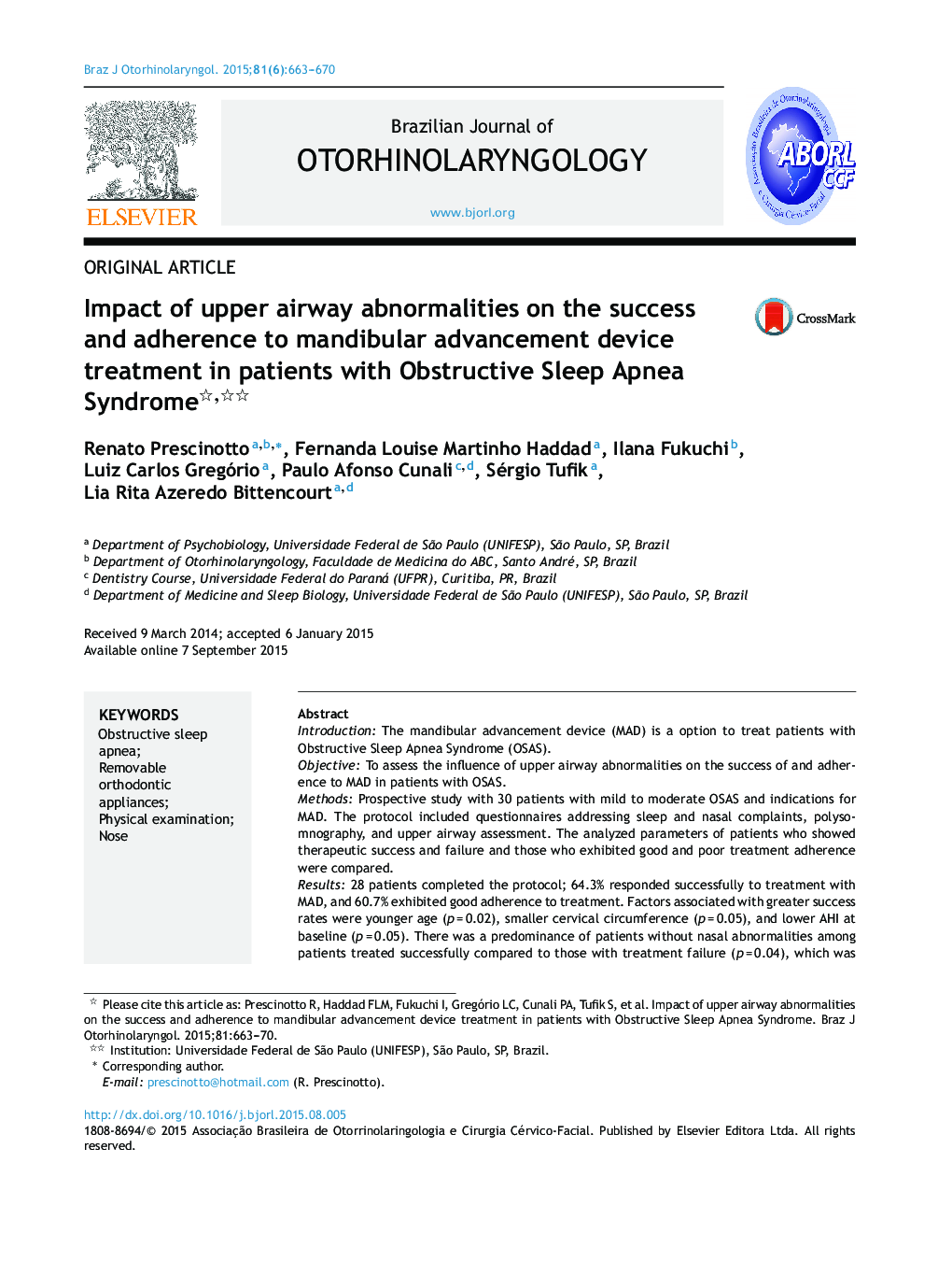 Impact of upper airway abnormalities on the success and adherence to mandibular advancement device treatment in patients with Obstructive Sleep Apnea Syndrome 