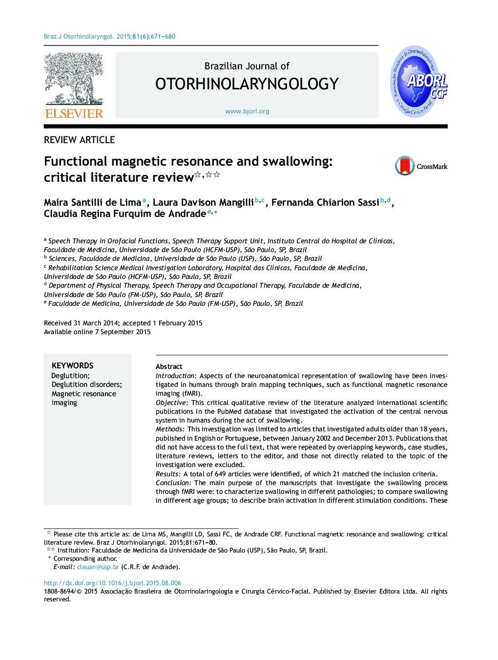 Functional magnetic resonance and swallowing: critical literature review 