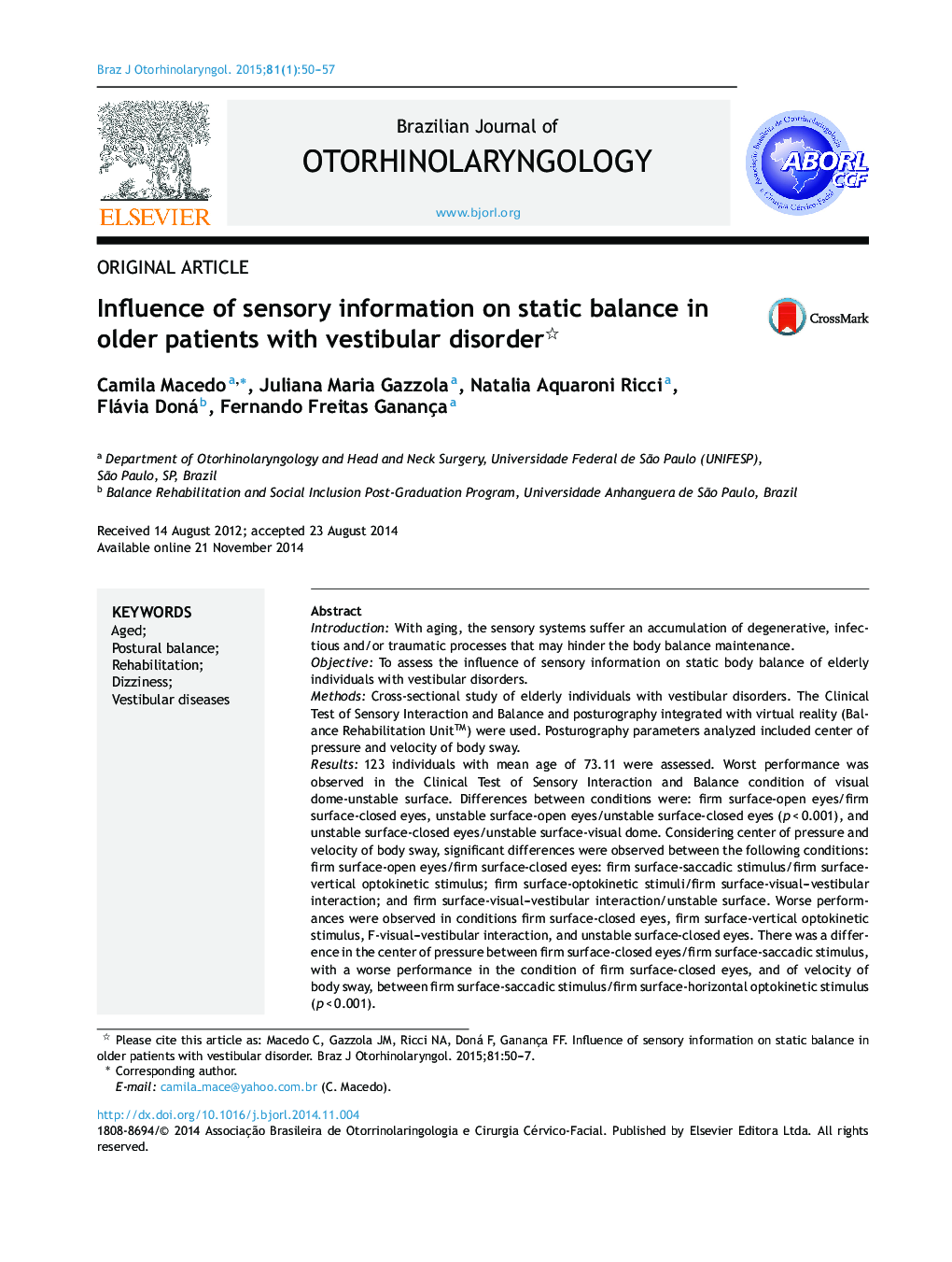 Influence of sensory information on static balance in older patients with vestibular disorder 