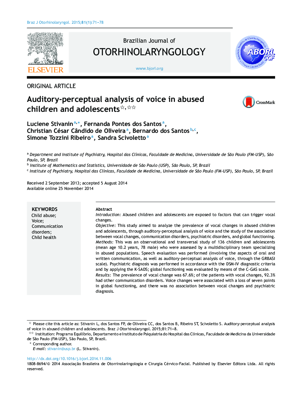 Auditory-perceptual analysis of voice in abused children and adolescents 