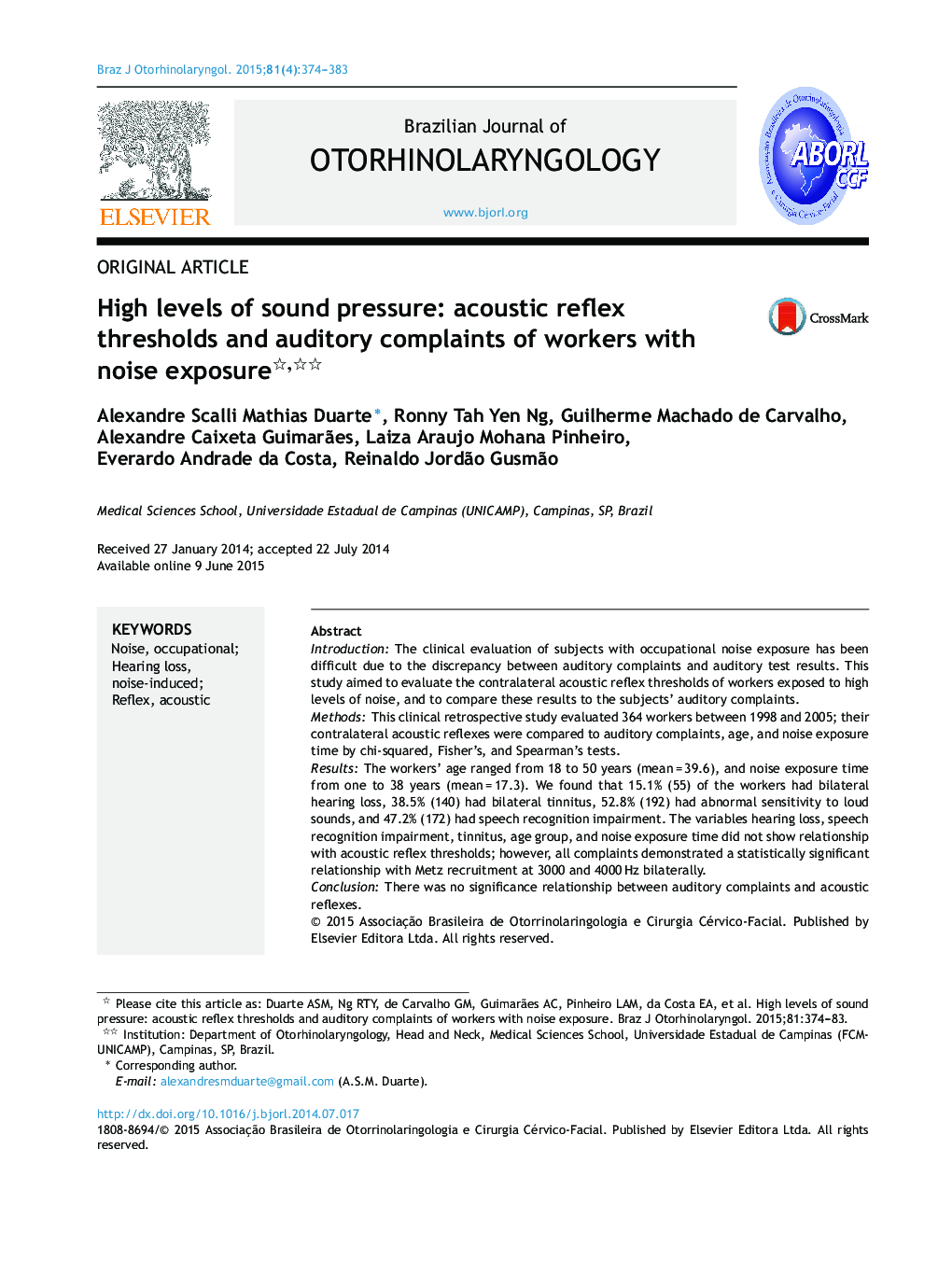 High levels of sound pressure: acoustic reflex thresholds and auditory complaints of workers with noise exposure 