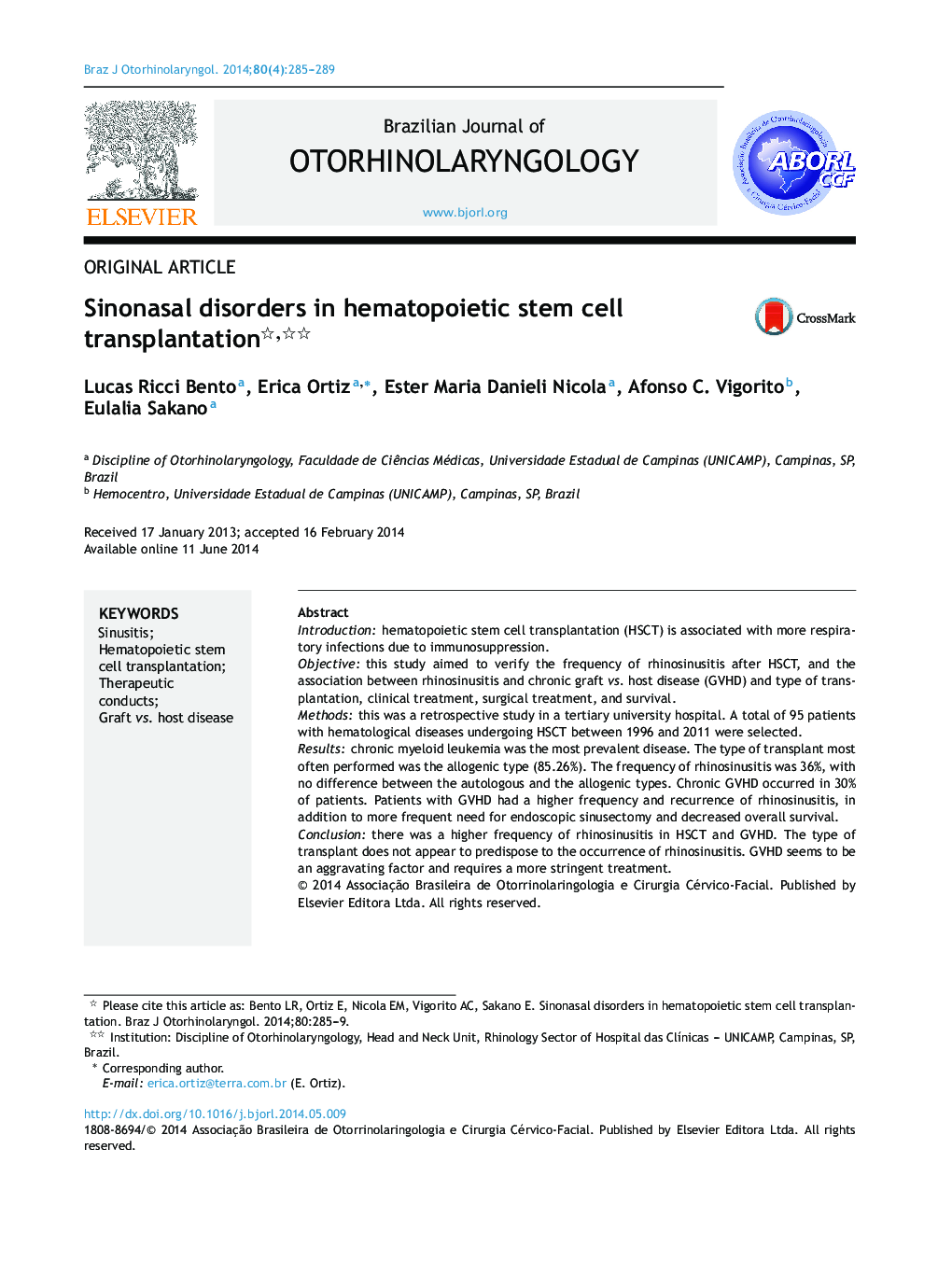 Sinonasal disorders in hematopoietic stem cell transplantation 